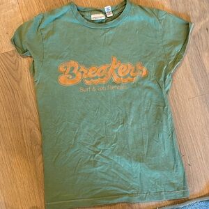 Y2K American Eagle Outfitters Green Tee with Orange 'Breakers' Logo